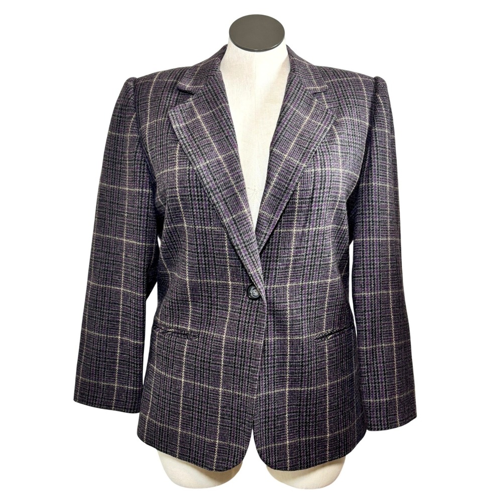 Sag Harbor Womens Purple Plaid Wool Blend Single Button Blazer‎ Jacket Size 12